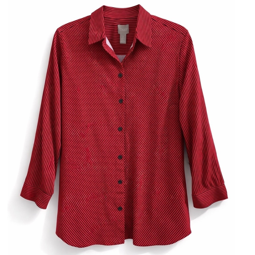 Chicos Red Black‎ Striped Button Down Shirt Blouse Size 2 Large Womens Top